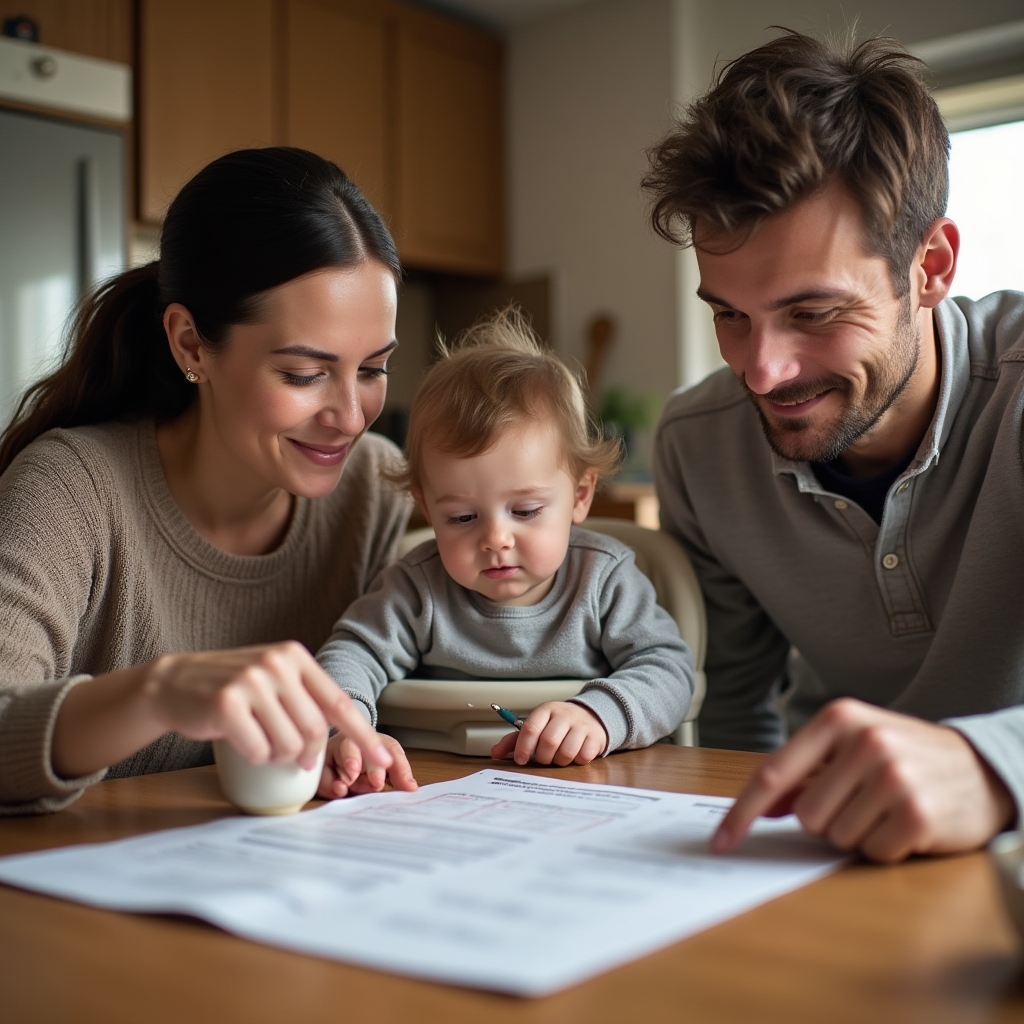 Obitelj pregledava porezne dokumente s informativnim materijalima